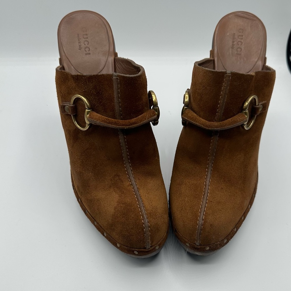 Gucci Women's Tan Suede Mules with Gold Accents